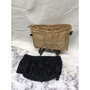 Lot of 2 Purse Organizer Inserts Small Tan Black Multi Pocket Drawstring Handbag